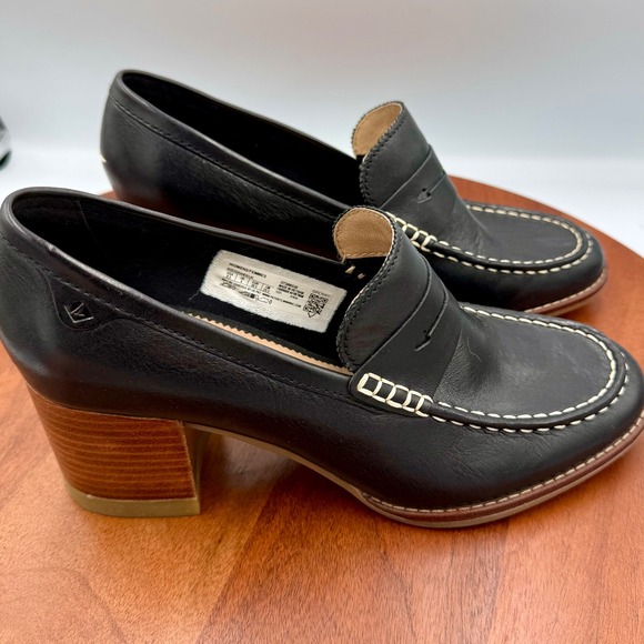 Sperry Seaport Penny Loafer Pumps Black Leather Block Heel STS86538 Womens 8.5 - Picture 8 of 13